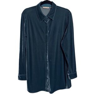Soft Surroundings Medium Teal Boyfriend Velvet Button Up Top Blouse Long Sleeve